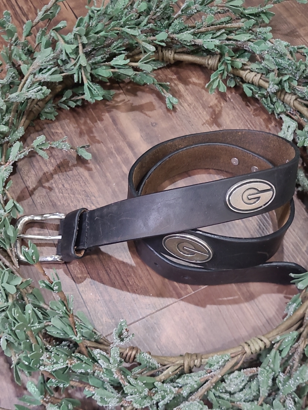 Dark Brown Leather Belt with - Metal Green Bay Packers Logo 34